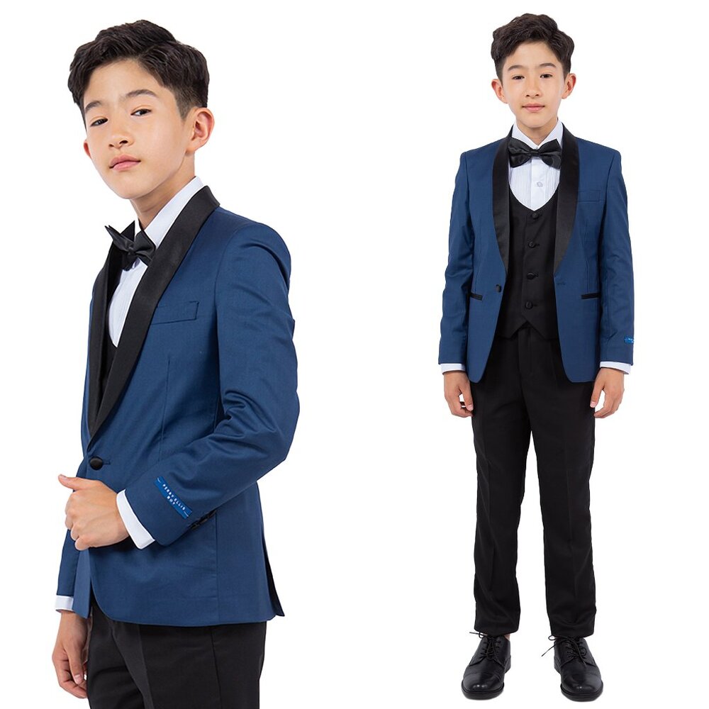 Perry Ellis Boys Indigo Tuxedo Set, Solid 5-Piece Black Shawl Collar